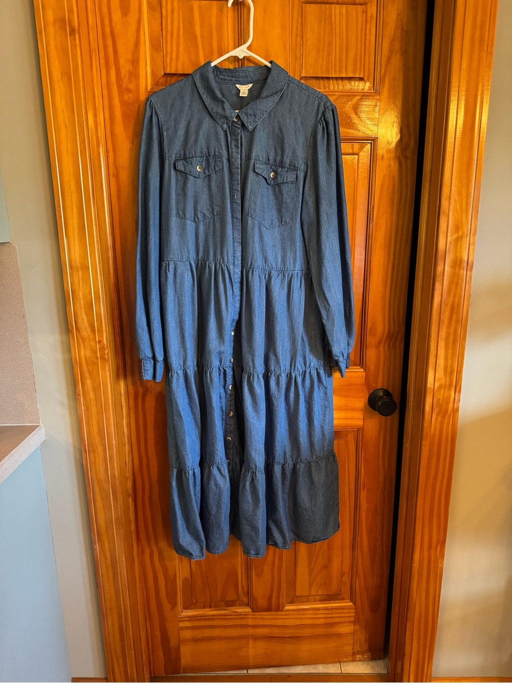 Cato Blue Long-Sleeve Tiered Button-Front Maxi Dress